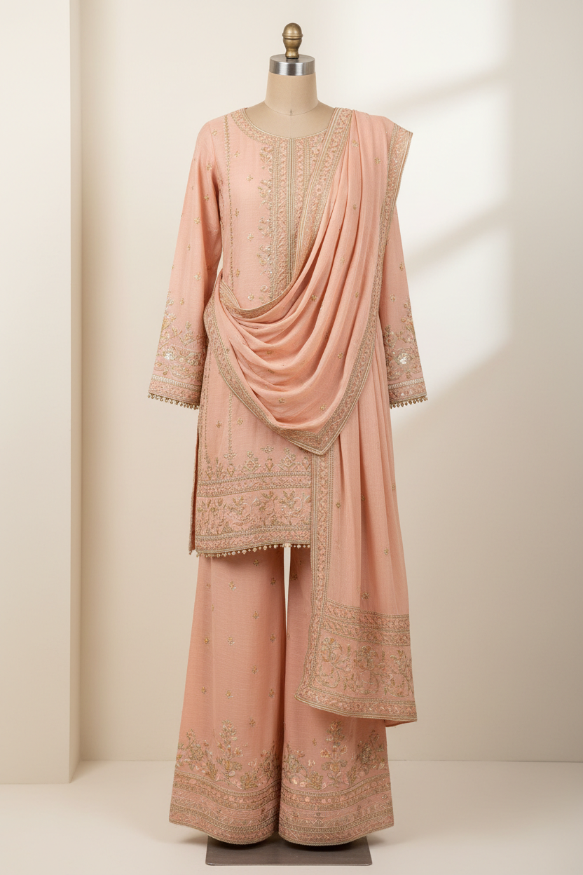 Nagina Posh Kattan Slub Peach Suit