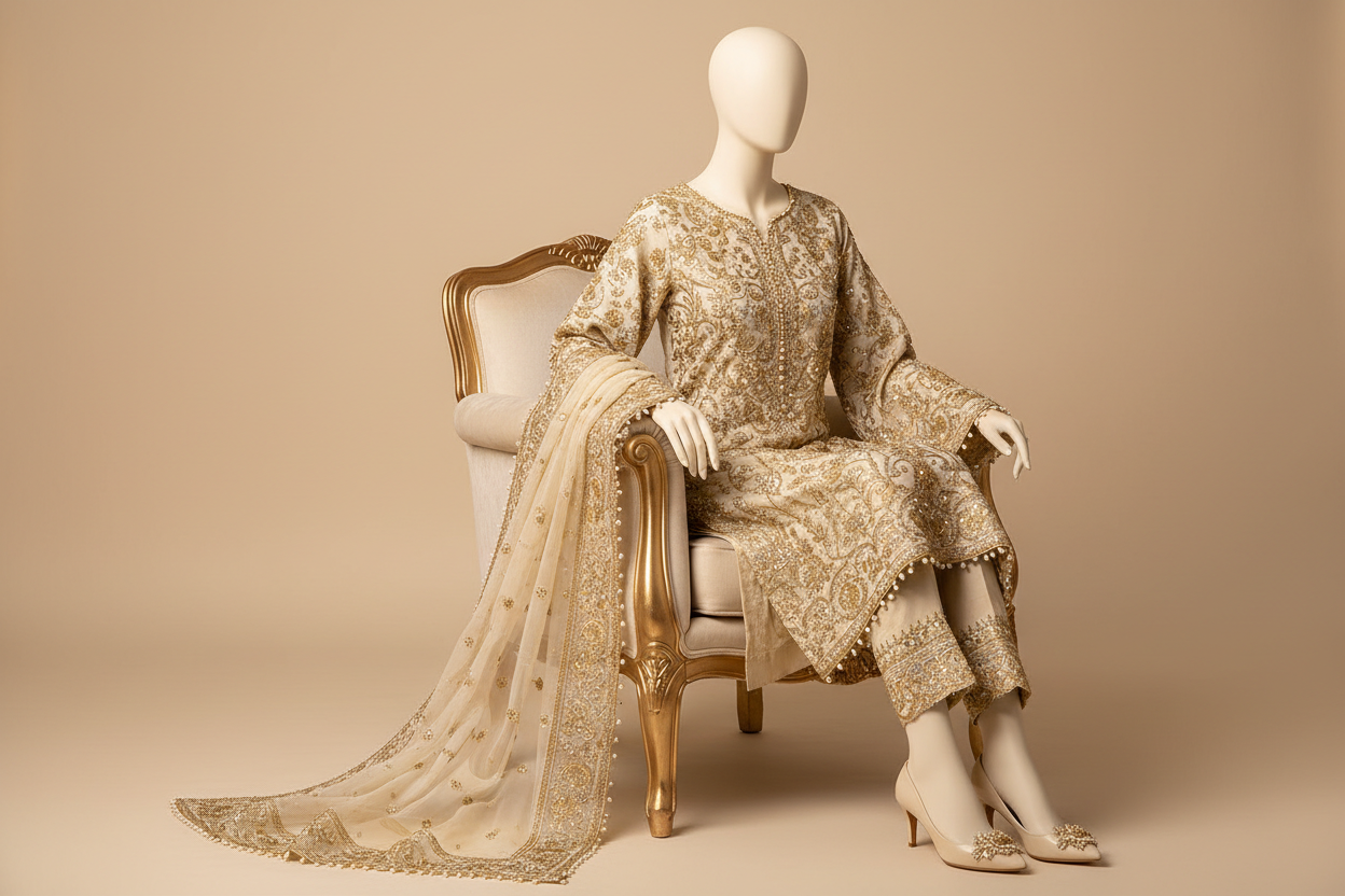 Slide 1 - Seated Mannequin Cream Gold